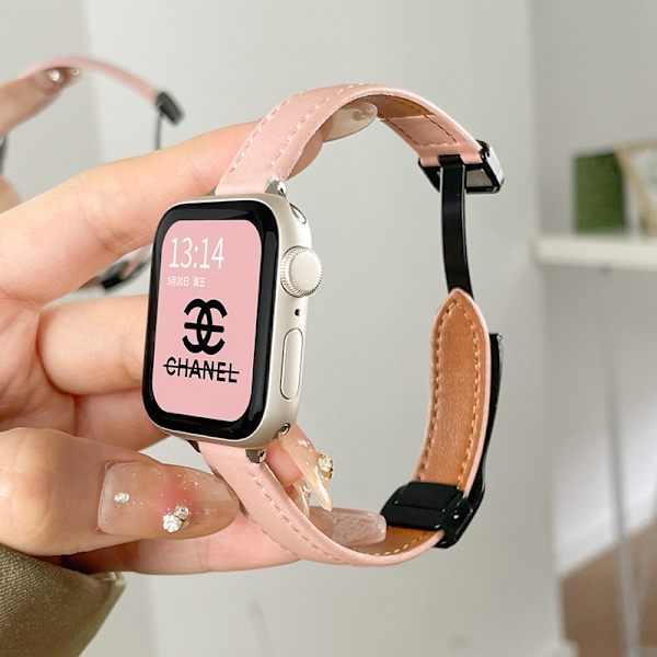 Klockarmband för Apple Watch iWatch för 10 46mm klockarmband läder vikbart magnetiskt spänne - flickaktigt rosa