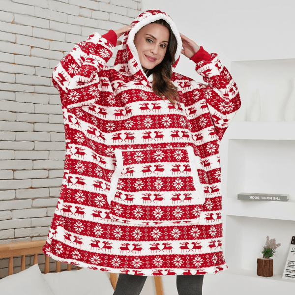 Vinter Oversized Hettegenser Teppe Med Ermer Fleece Genser Rutete Hette Dame Lomme Hettegenser Oversize Mykt Teppe Red Deer One Size