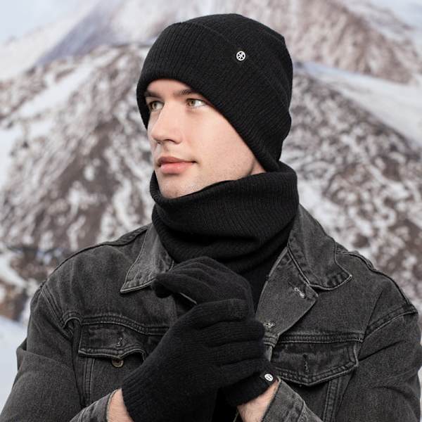 Varm Ullmössa Halsduk Handskar Tredelat Set Vindtät Stickad Mössa Tredelat Set Black three-piece set