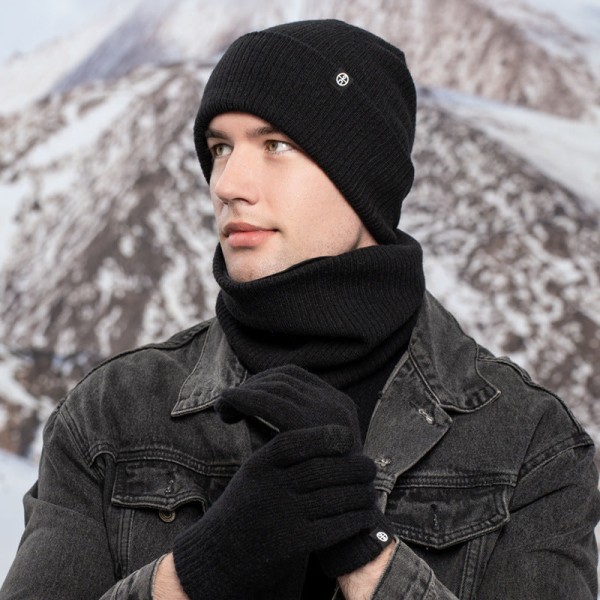 Varm Ullmössa Halsduk Handskar Tredelat Set Vindtät Stickad Mössa Tredelat Set Dark gray three-piece set