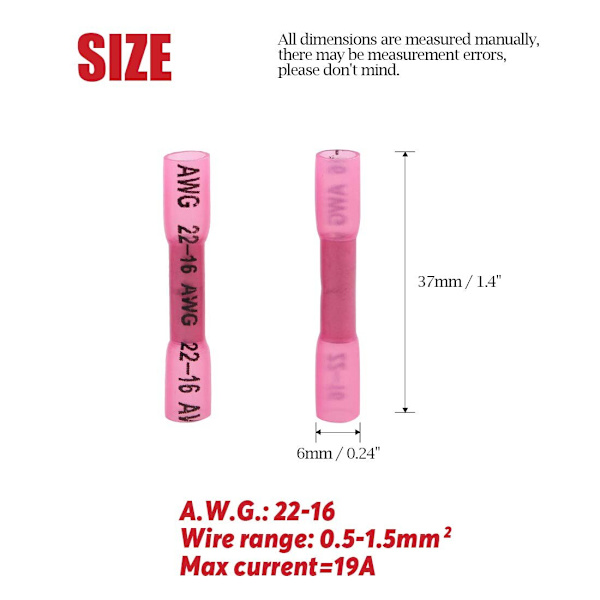100 STK 22-16 AWG Krympestrømper Vanntette Fullt Isolerte Skjøte Elektriske Ledningskoblinger Sett Sortiment Rød Blue 50PCS