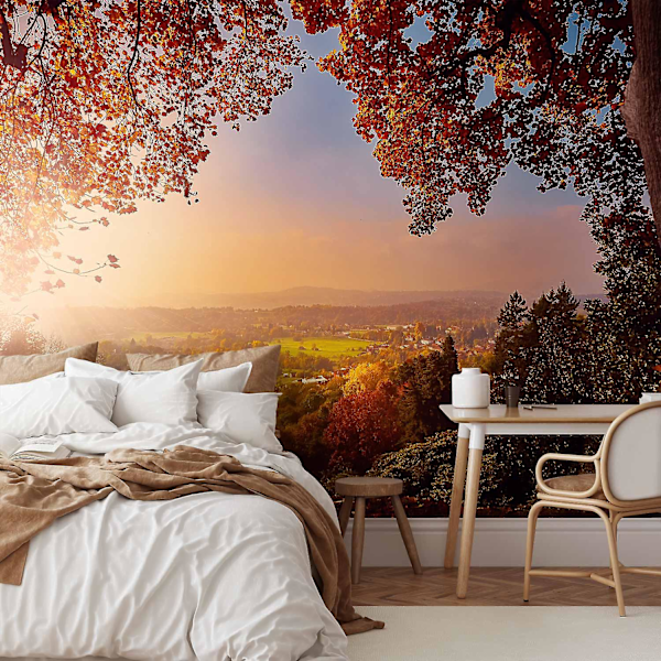 Itseliimautuva seinätarra - Syksyn ilo - aurinkoinen maisema maaseudulla puiden ja peltojen ympäröimänä 98x70 cm 98x70 cm