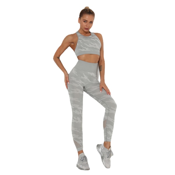 Europeiska och amerikanska damkläder Mesh Camouflage Sömlös Slim-Fit Yoga Wear Sportdräkt 6203 bra trousers set-light gray M