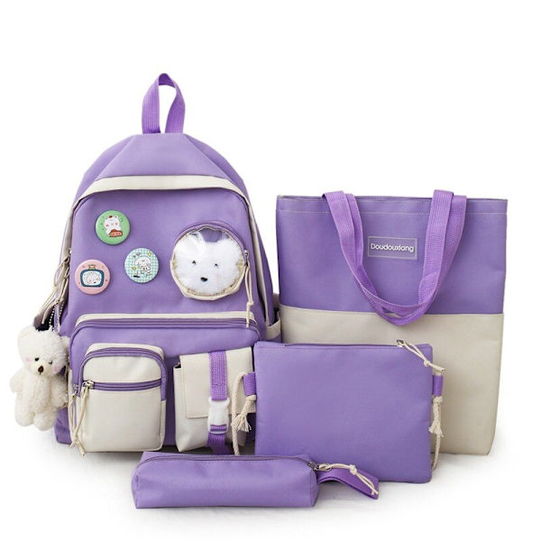 5 stk Sett Ryggsekker For Student Skoleveske For Jenter Multifunksjonelle Skoleryggsekker Håndveske Stor Kapasitet Jenters Pennal 4pcs purple