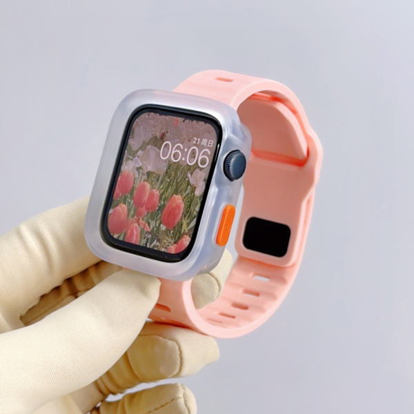 Kellon ranneke Apple Watch iWatch 40/41mm vaaleanpunainen ranneke + läpinäkyvä kotelo