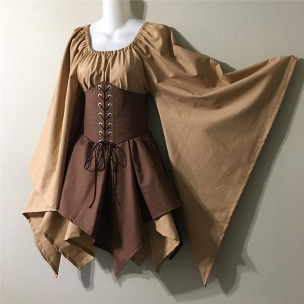 Renessanssi Vintage Palatsi Victoria Keskiaikainen Puku Halloween Cosplay Täyshihainen Vyötärönauha Tilkkutäkki Mekko Juhlat Khaki Black 3 L