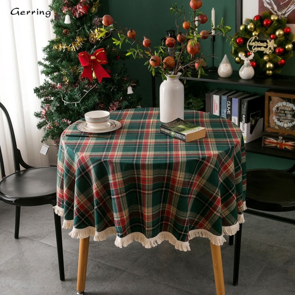 Gerring Joulupöytäliina Kahvipöydälle Lankavärjätty Ruudullinen Juhla Häät Deco Pöytäliina Amerikkalainen Pyöreä Tupsu Pöytäliina Juhliin Green 60x60cm