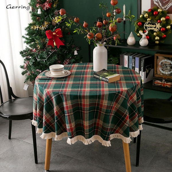 Gerring Juledug til sofabord, garnfarvet plaid, bryllupsdug, amerikansk rund dug med kvaster til fest Green Round 120cm