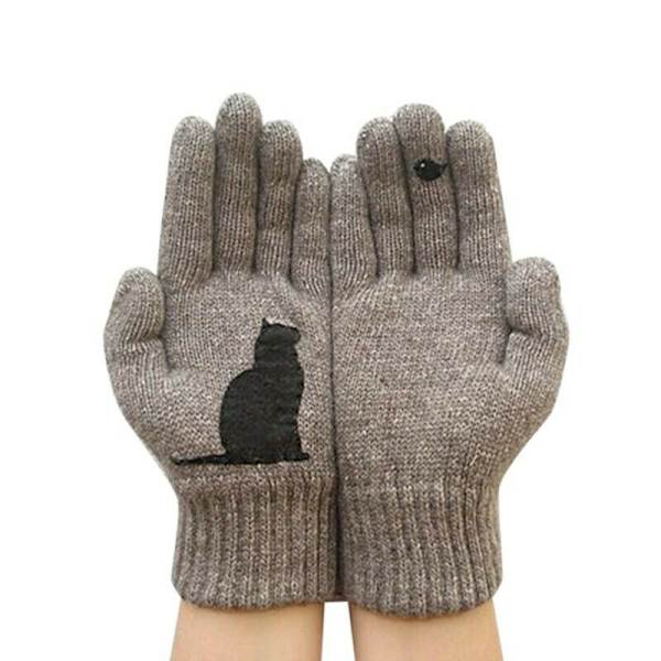Vinterhandskar för män kvinnor tonåringar, söta katt- och fågeltryckta termiska stickade handskar, vindtäta varma vintervantar, mjuka Grey 20cm