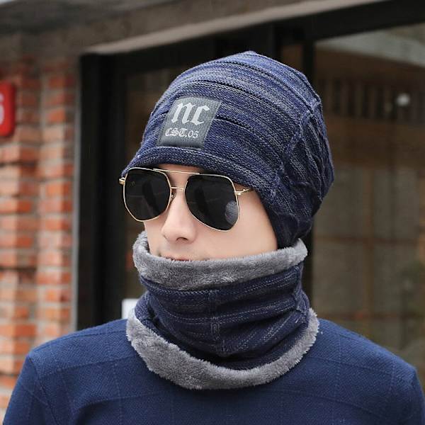 Cat Brother Koreansk Høst og Vinter Herre Strikket Ullue Fleeceforet Fortykket Pullover [Lue Skjerf] Todelt Sett NC style (wine red)