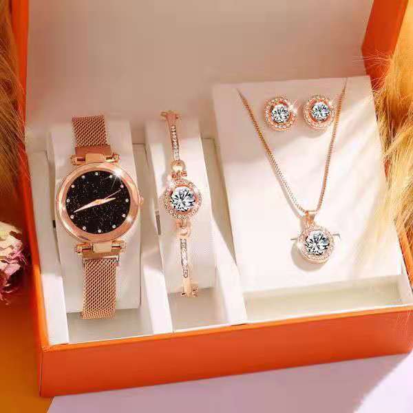 Damklocka Lyx Boutique Stålbälte Liten Urtavla Klockarmband Halsband Set Suit 5