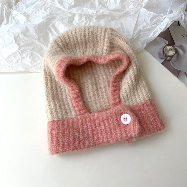 Fransk mössa Kvinna Vinterhalsvärmare Scarf Cover nischstickad yllekeps Thermal cap Button (hat) Pink Elastic
