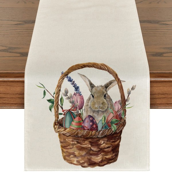 Søt naturlig jute burlap påskehare blomster egg ku trykt bordløper bordflagg duk stoffdeksel duk fest hjem dekor rectangle 33X90CM white 7