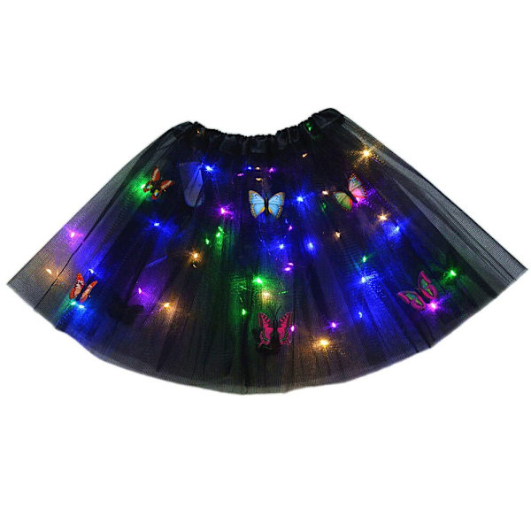 Pige Sommerfugl Lysende Tutu LED Nederdel Glød Blomsterkrans Hovedbøjle Fest Magisk Engel Fe Jul Kostume Fødselsdagsgave black skirt