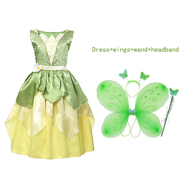 Disney Fancy Girl Tinker Bell Princess Klänning för flickor med vingar Barn Födelsedag Pixie Fairy Cosplay kostym för karnevalsfest 10T Tiana 11pcs sets