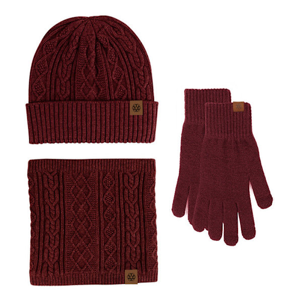 Handskar Mössa Halsduk Tredelat Set Pekskärm plus Sammet Varm Yllemössa Tredelat Set Wine red three-piece set