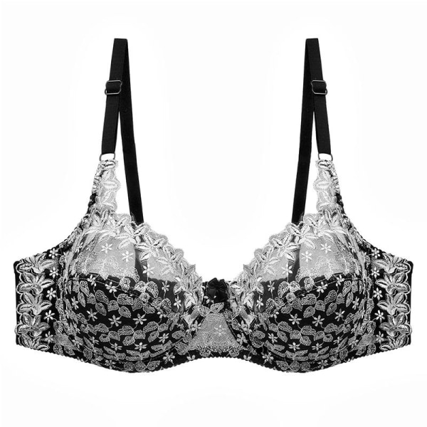 Sexig transparent BH med spetsbroderi för kvinnor, plus size behå, bralette, färgpatchwork-BH White 85C