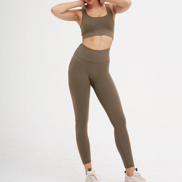 Yoga Sett Høyt Elastisk Trenings Sportsett Polstret Sports-BH Høy Midje Sports Leggings Gym Khaki Set M