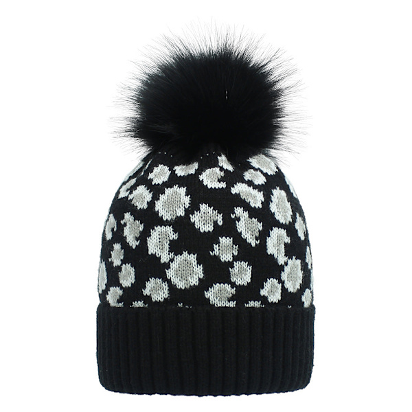 Efterår og Vinter Strikket Hue Dame Leopard Print Uld Strikket Hue Moderigtig Varm Stor Pelskvast Hue Rust red