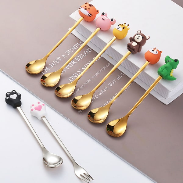Tegneserie Servise Kattepote Skje Søt Dessertskje Rustfritt Stål Skje Dukke Dessert Fruktgaffel Golden Spoon-Christmas XINGX