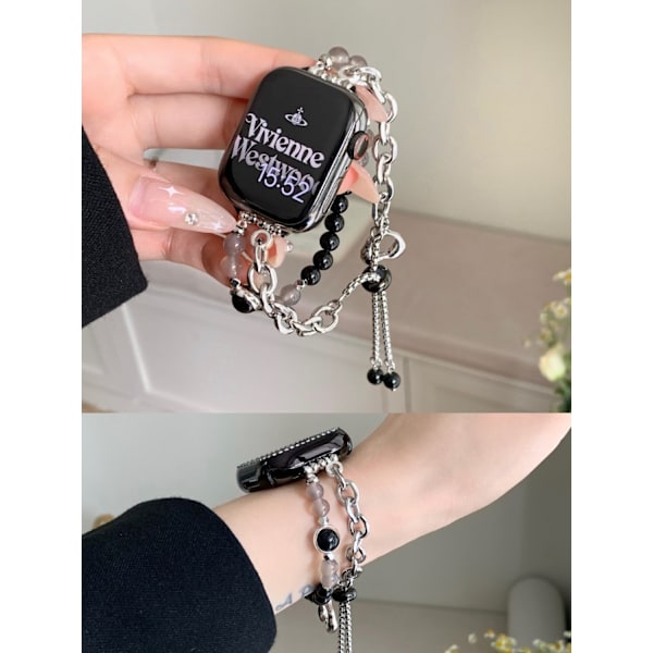 Kellon ranneke Apple Watch iWatch 1.-9. sukupolvelle 38/40/41mm Love kristallihelmi kaulakoru - musta