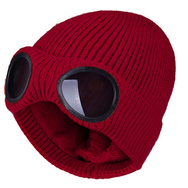 Strikket Lue med Briller Herre og Dame Øreklaffer Ullue Fleeceforet Varm Lue som Ikke Dekker Ansiktet Høst og Vinter Utendørs Skiermlue Tide Wine Red Average size