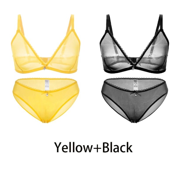 Varsbaby Sexiga Damer Genomskinlig Plus Size BH Trosor med låg midja 2st Yellow-Black XL