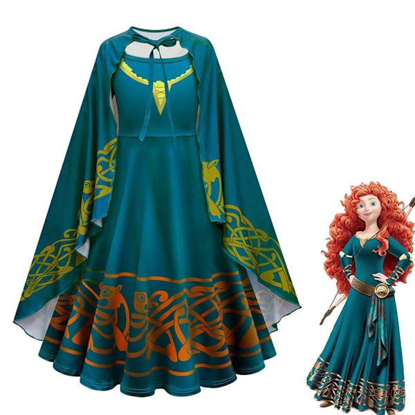 Disney Film Brave Merida Kostyme for Jenter Halloween Prinsessekjole Barn Karneval Fantasia Barn Julebord Cosplay Kostyme 7-8T (140) Dress and cloak