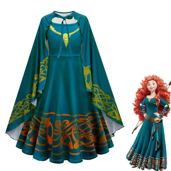 Disney Movie Brave Merida kostym för flickor Halloween prinsessklänning Barn Carnival Fantasia Barn Xmas Party Cosplay kostym 5T (120) Dress and cloak