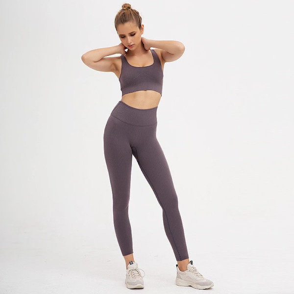 Ribbestrikkede Yoga Sett Fitness BH og Sømløse Leggings for Kvinner Purple L