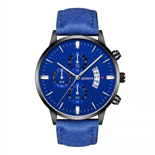 Klocka med läderarmband, kvartsur, modekalender, herrklocka, affärsklocka för män Black Shell Blue Ribbon