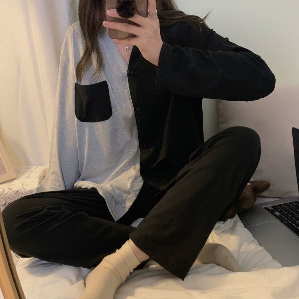 Pyjamas Dam Höst Enkel Vardaglig Kofta Nät Röd Tjej Långärmade Byxor Ytterkläder Hemmadräkt Black XXL