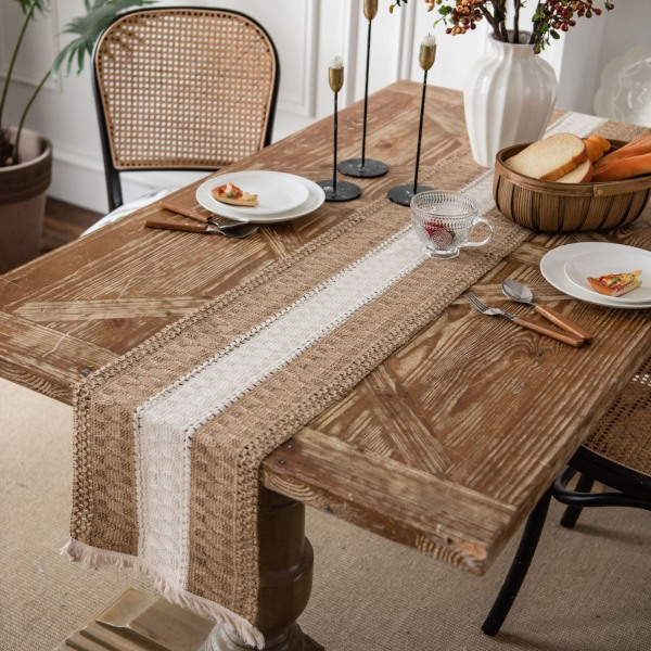 Bordslöpare i bomull och linne med sömmar, tvåfärgad vävd tofs, naturmaterial, amerikansk lantlig semesterduk Yellow mesh hemp rope 30*120 (including tassels)