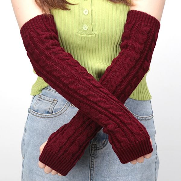 Lange strikkede fingerløse handsker til kvinder, vintermode, arm-, håndledsærmer, afslappede bløde varmere pige albuevanter, punk gotiske sorte handsker Wine Red length-50cm