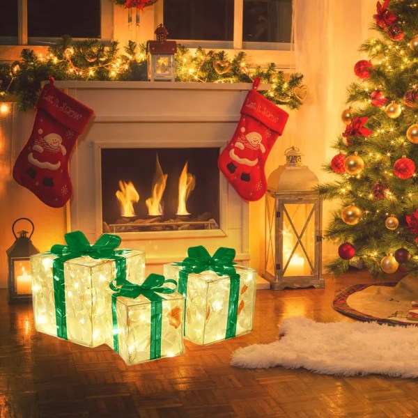 Julelysende Dekoration Gaveæske Ornament Med Sløjfe Julebelysning Æske Udendørs Belysning Julefest Bordpynt 13cm-Red bowknot