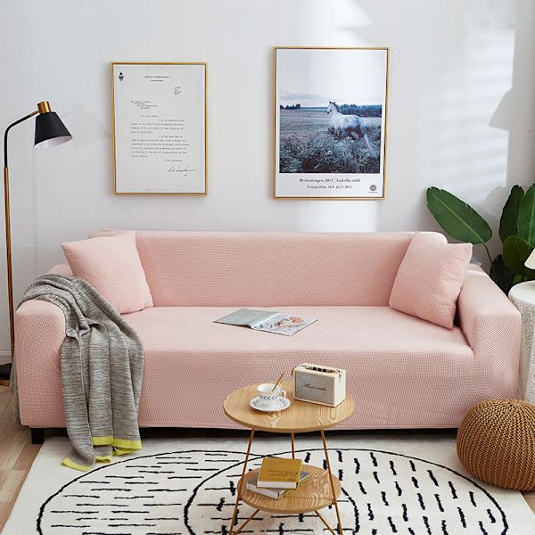 Enfärgad Universal Sofföverdrag för Alla Årstider, Nordisk Trendig Stickad Stretch Allomfattande Sofföverdrag Dammtät Soffkudde Lotus Pink M [double length within 145-185cm]]