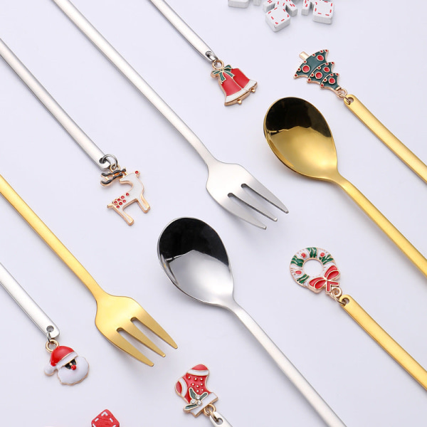 Julservis Set 304 Rostfritt Stål Gaffel Sked Förpackad Kaffesked Kreativ Julsked Christmas spoon set gold