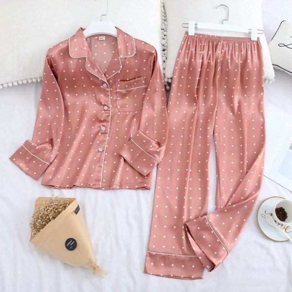 Långärmad pyjamas Höst Ice Silk Långärmad byxa Kostym Tryck Mode Set Pink XL