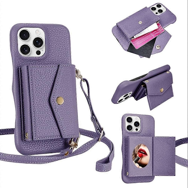 Litsi-kuvioinen vaakasuuntainen korttitasku puhelinkotelo pitkällä kaulanauhalla Purple For iPhone 16