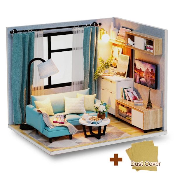 Cutebee DIY Dukkehussett Med Møbler LED-Lys DIY Miniatyr Byggesett Lite Hus Treleker for Barn Voksen As  photo QT37B