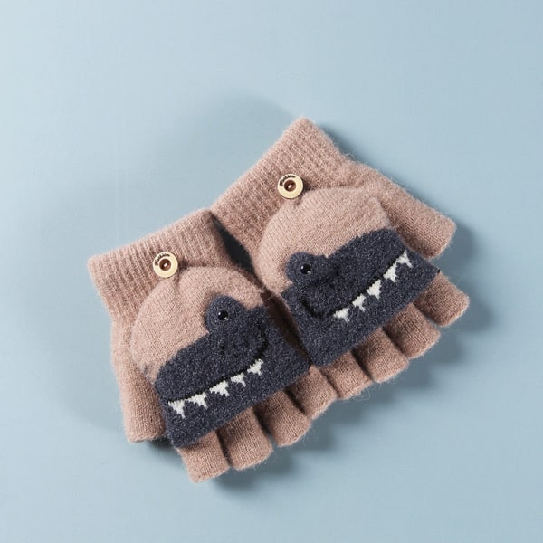 Småbørn Vinter Strikkede Fingerløse Tegneserie Handsker Tykke Varme Udendørs Skrive Konvertible Flip Top Halv Finger Vanter 6-10 År Coffee Dino
