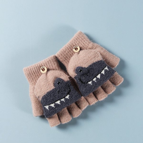 Småbørn Vinter Strikkede Fingerløse Tegneserie Handsker Tykke Varme Udendørs Skrive Konvertible Flip Top Halv Finger Vanter 6-10 År Gray Dino