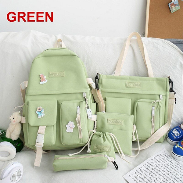 5 stk Sett Ryggsekker For Student Skoleveske For Jenter Multifunksjonelle Skoleryggsekker Håndveske Stor Kapasitet Jenters Pennal 5pcs Green