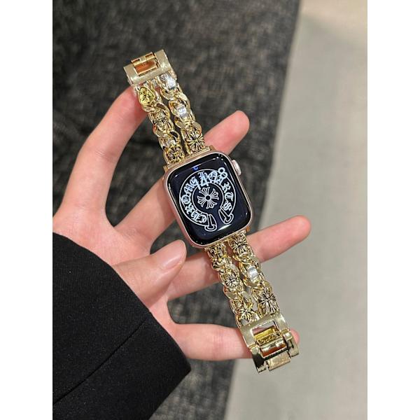 Klockarmband för Apple Watch iWatch 42/44/45/49mm Guldkedja och silverläder