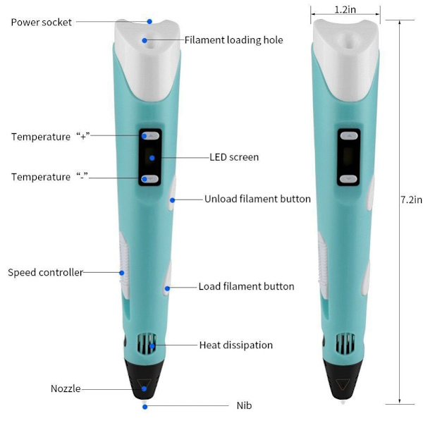Dikale 3D-penna LED-skärm DIY 3D-utskriftspenna PLA-filament Kreativ leksakspresent för barn Designritning 3D-skrivarpenna Ritstift PLA Filament Yellow EU 3Mx12