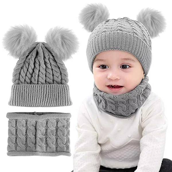 Syksyn ja talven pallokierre villapipo neulottu hattu turkispallo hattu lasten paksuuntunut lämmin villahattu villapipo Gray Average size