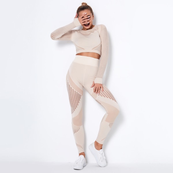 Långärmad yogadräkt för damer, sportfitness, löpning, yogabyxor 6301 long sleeve trousers suit-khaki S