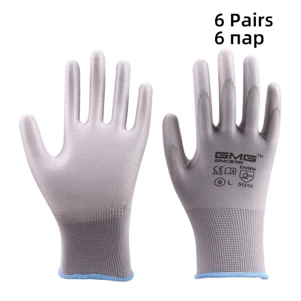 6 Par GMG CE EN388 Røde Polyester Sorte PU Arbejdssikkerhedshandsker Have Byggeindustri Mekaniker Arbejdshandsker White M