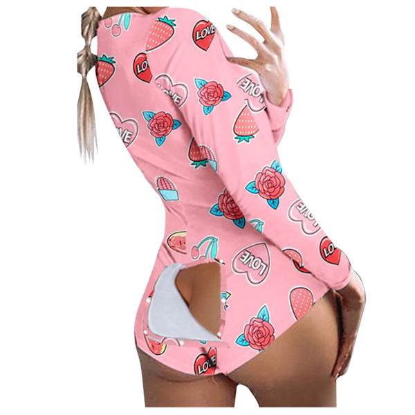 Munn Läppar Tryck Dam Onesie Pyjamas Funktionell Knäppt Baklucka Romper Nattkläder Sexig Bodycon Onesies Combinaison Femme Red M