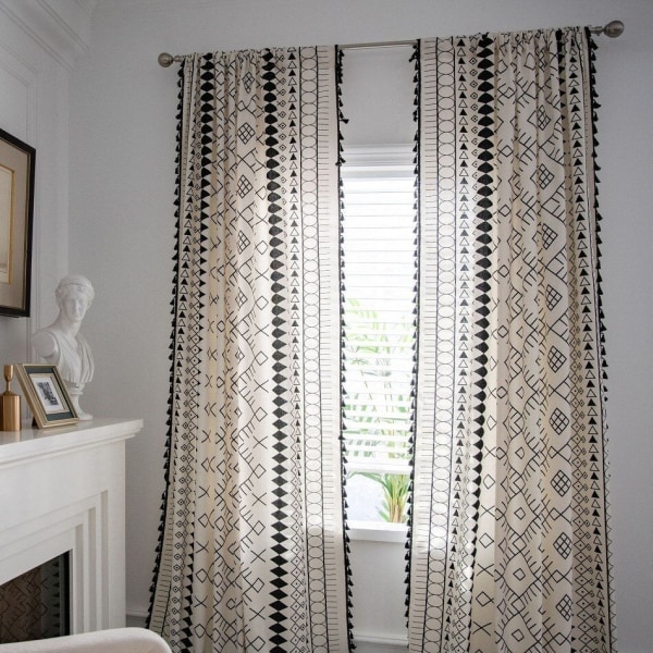 Boho bomull linnegardin amerikansk tofs färdig svartvit printed gardiner för vardagsrum sovrum kök hemtextil KC58 W150xL220cm